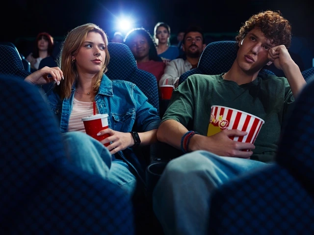 A young man feeling bored while watching film projection with his girlfriend in movie theater.